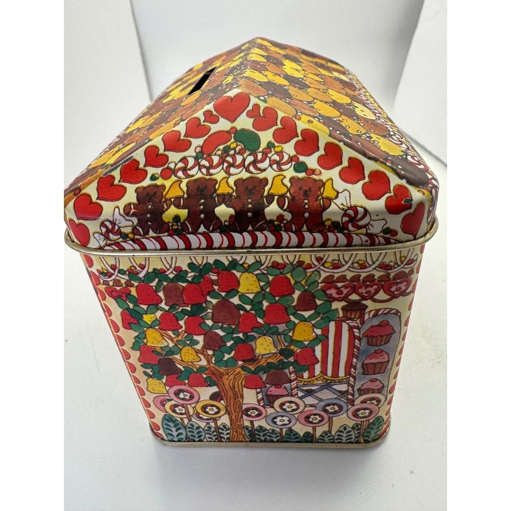 Vintage Teddy Bear Cookie Tin Candy House Piggy Bank Collectible Storage Box